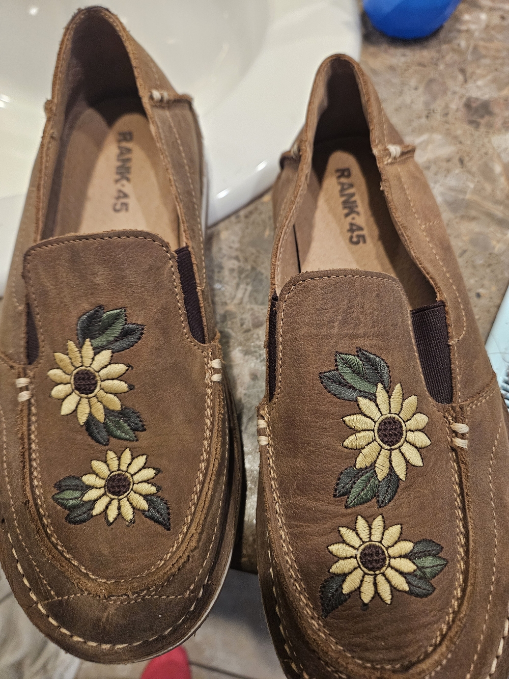 Women’s Rank 45 Brown Slip-On Loafers with Yellow Floral Embroidery